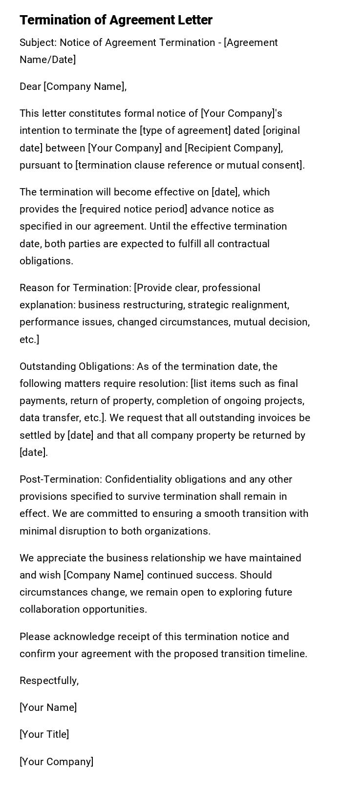 Termination of Agreement Letter Termination of Agreement Letter