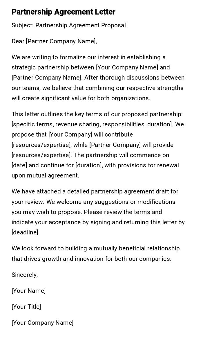 Partnership Agreement Letter Partnership Agreement Letter