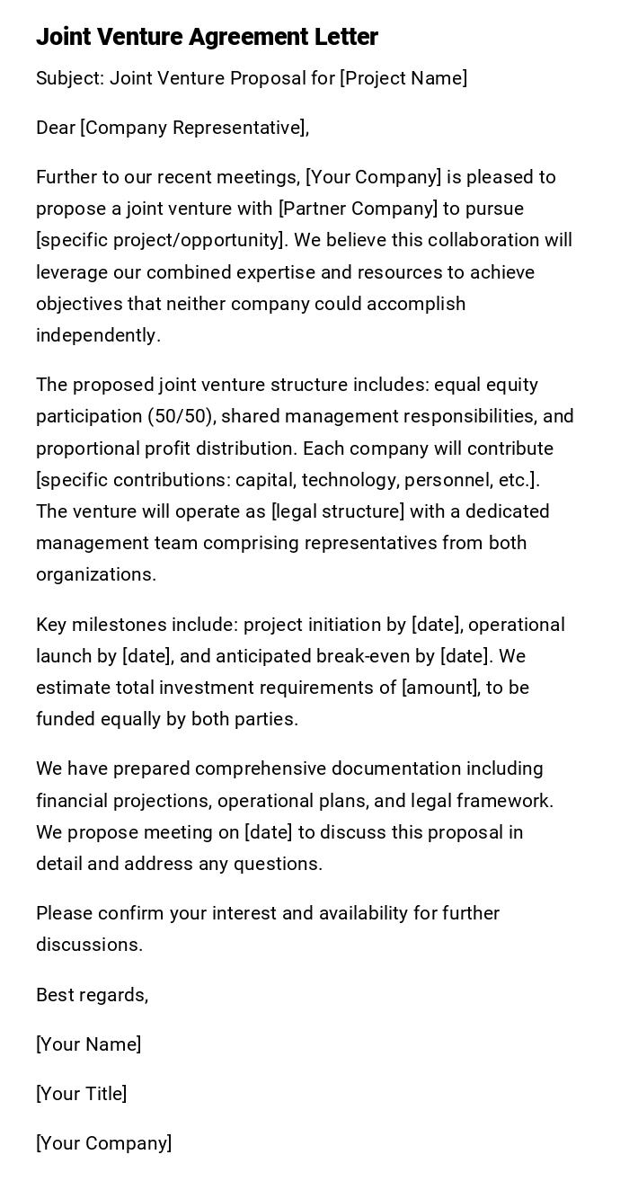 Joint Venture Agreement Letter Joint Venture Agreement Letter