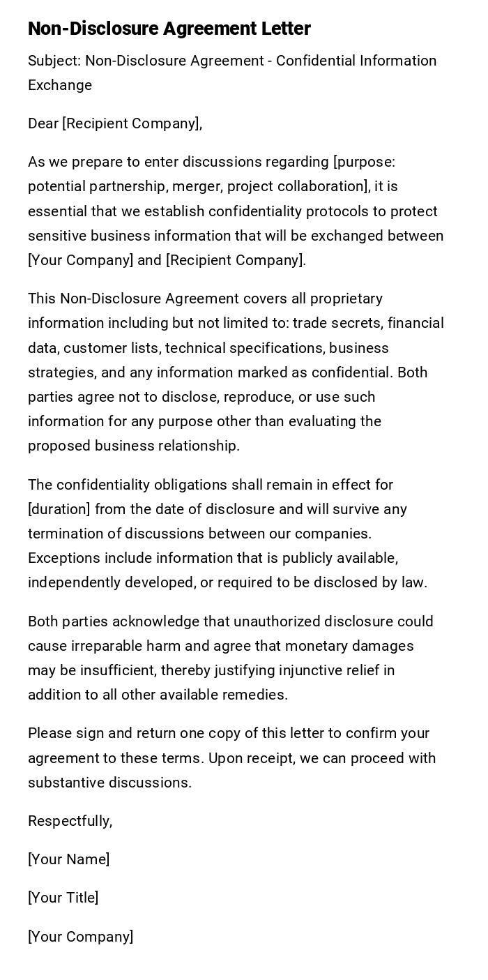 Non-Disclosure Agreement Letter Non-Disclosure Agreement Letter