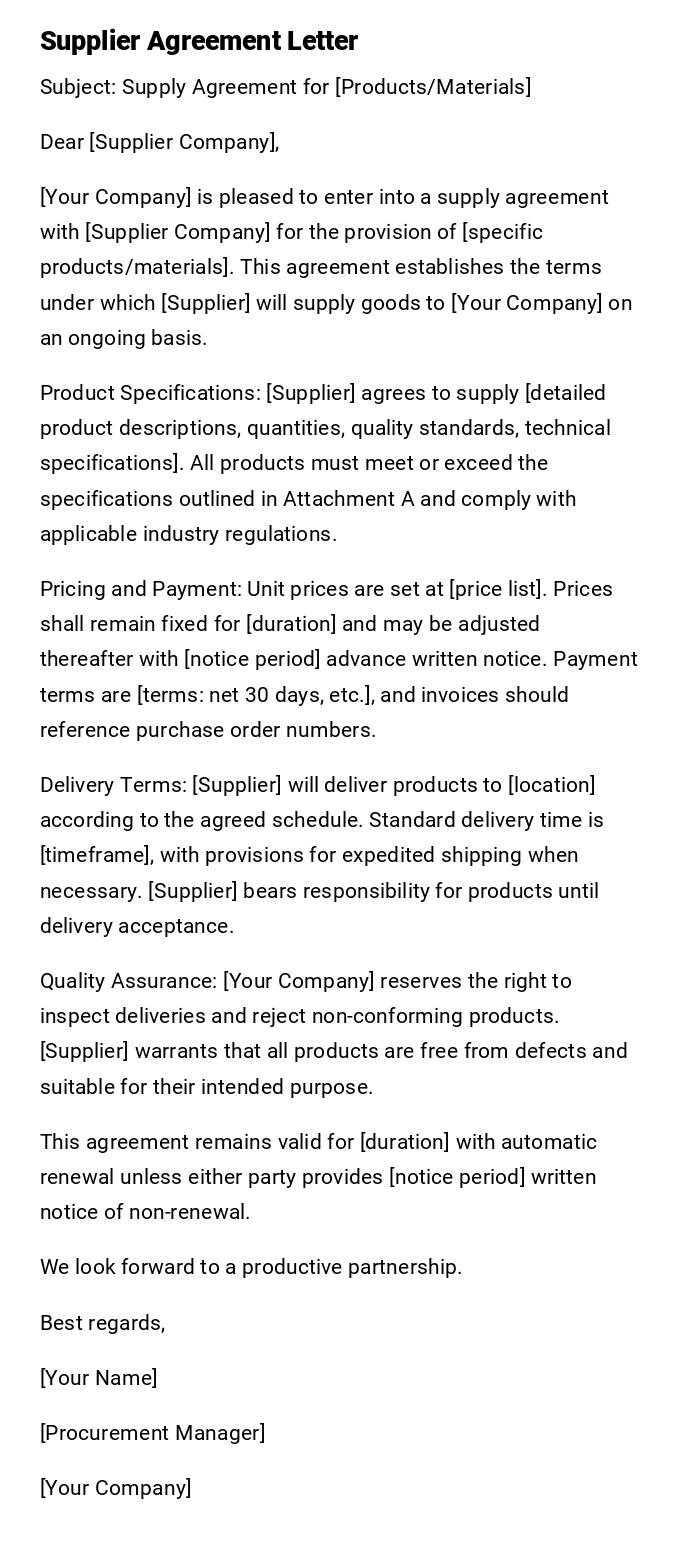 Supplier Agreement Letter Supplier Agreement Letter