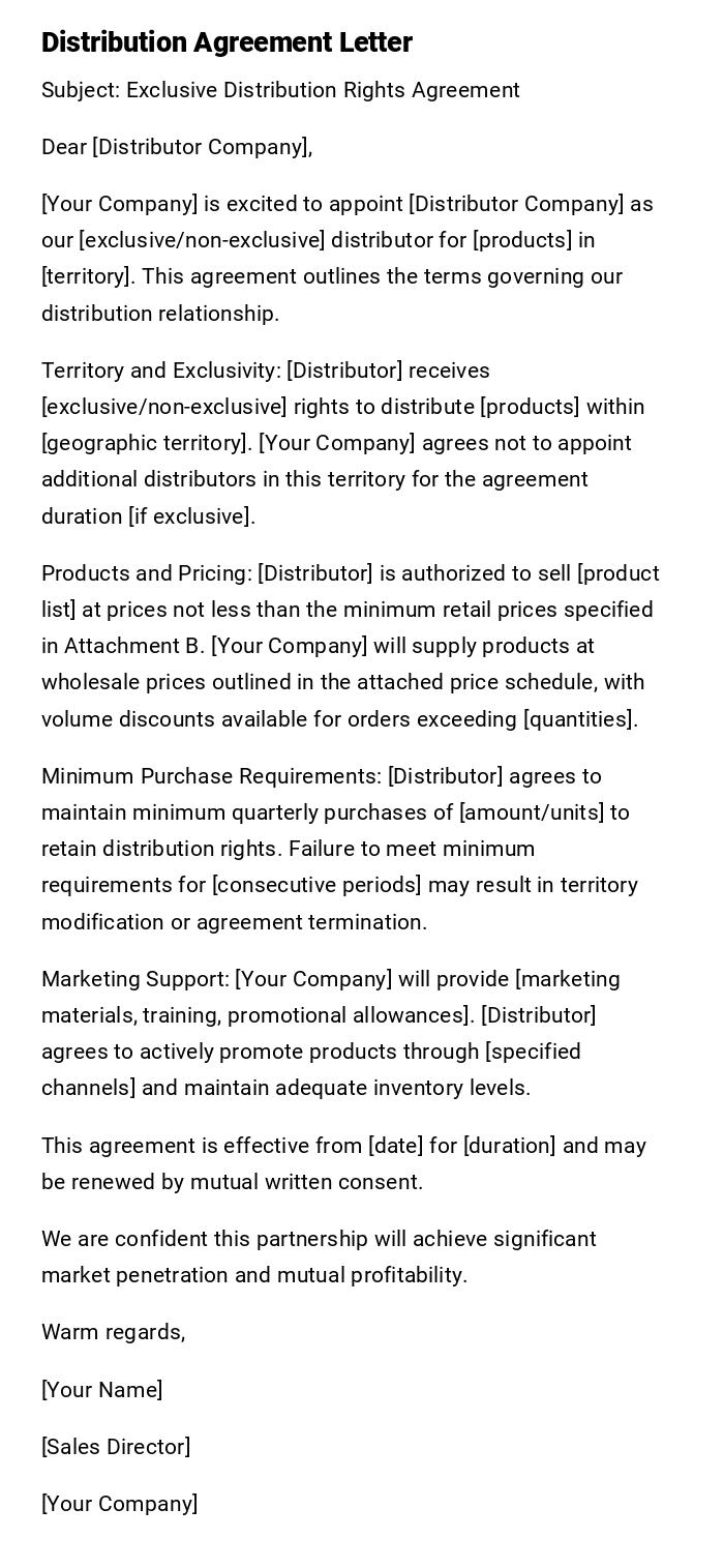 Distribution Agreement Letter Distribution Agreement Letter