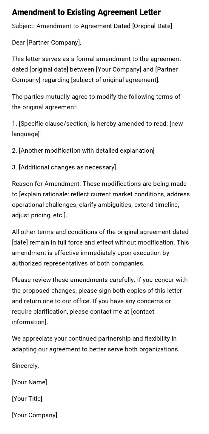 Amendment to Existing Agreement Letter Amendment to Existing Agreement Letter