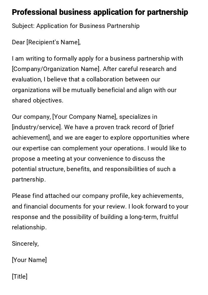 Professional business application for partnership Professional business application for partnership