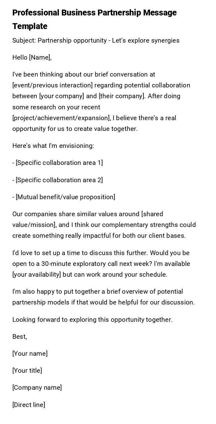 Professional Business Partnership Message Template Professional Business Partnership Message Template
