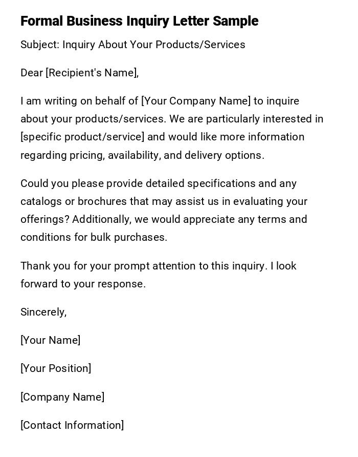 Formal Business Inquiry Letter Sample Formal Business Inquiry Letter Sample