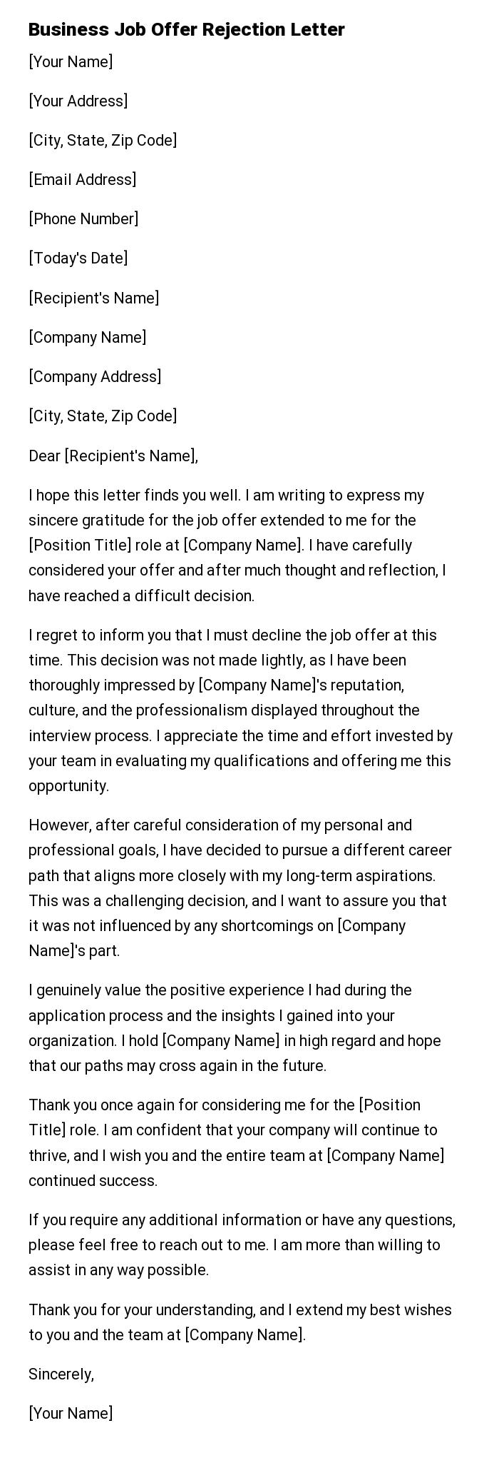 Business Job Offer Rejection Letter