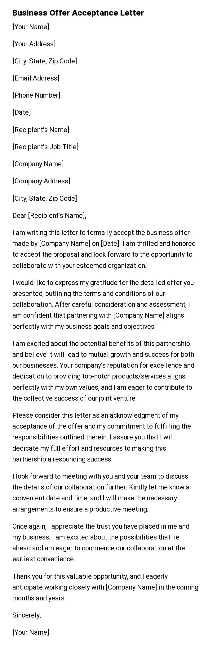 Business Offer Acceptance Letter