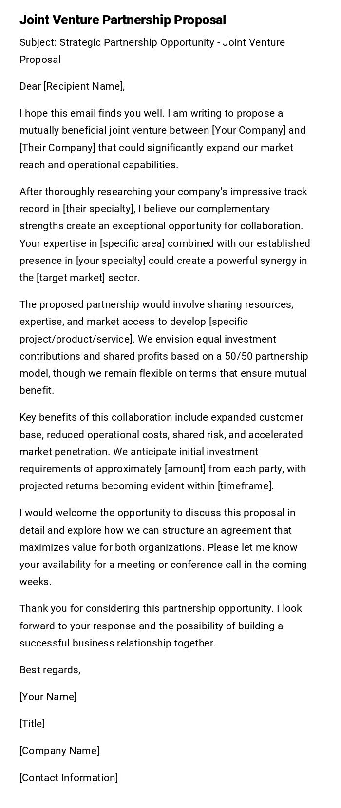 Joint Venture Partnership Proposal Joint Venture Partnership Proposal