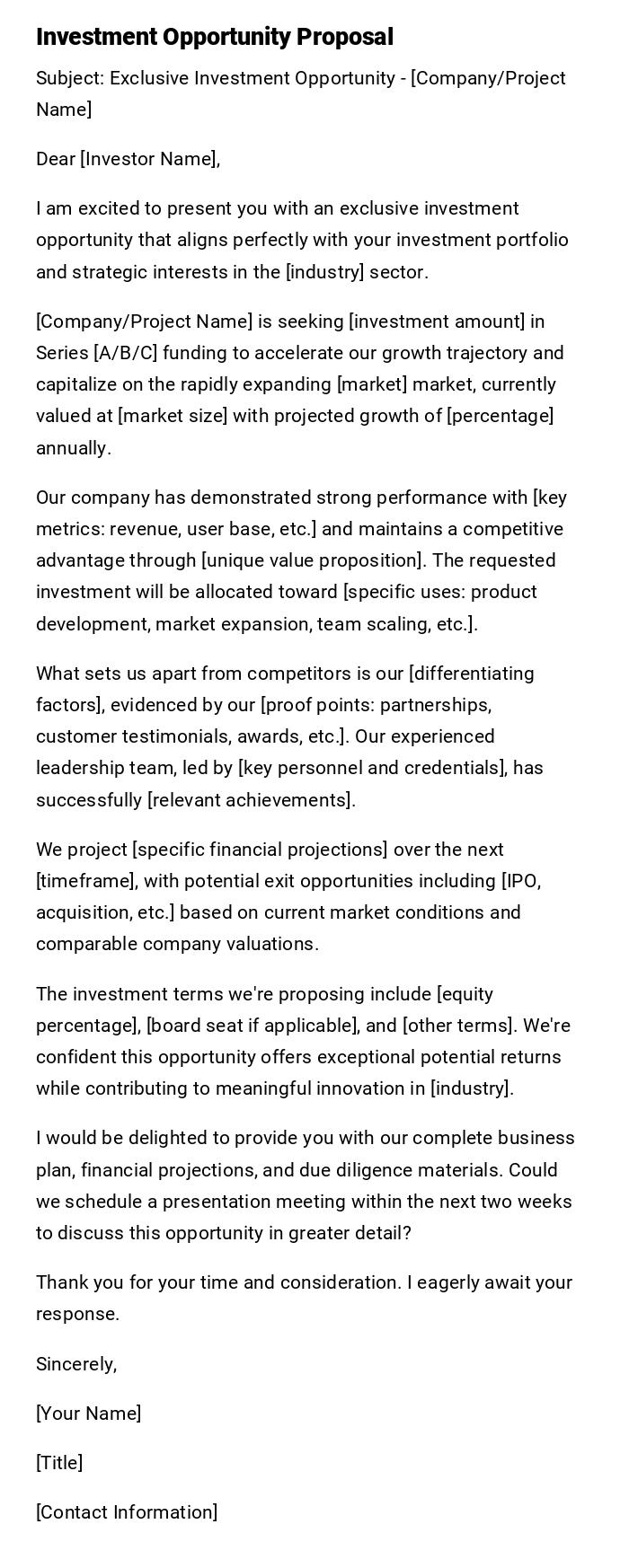 Investment Opportunity Proposal Investment Opportunity Proposal