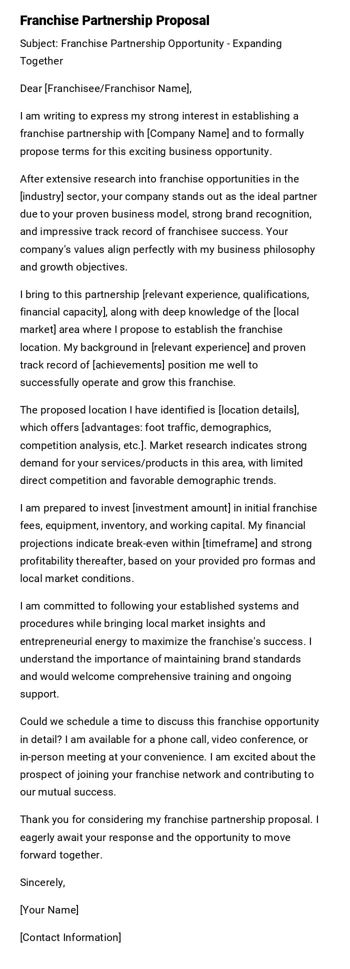 Franchise Partnership Proposal Franchise Partnership Proposal