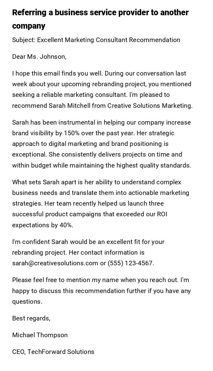 Referring a business service provider to another company