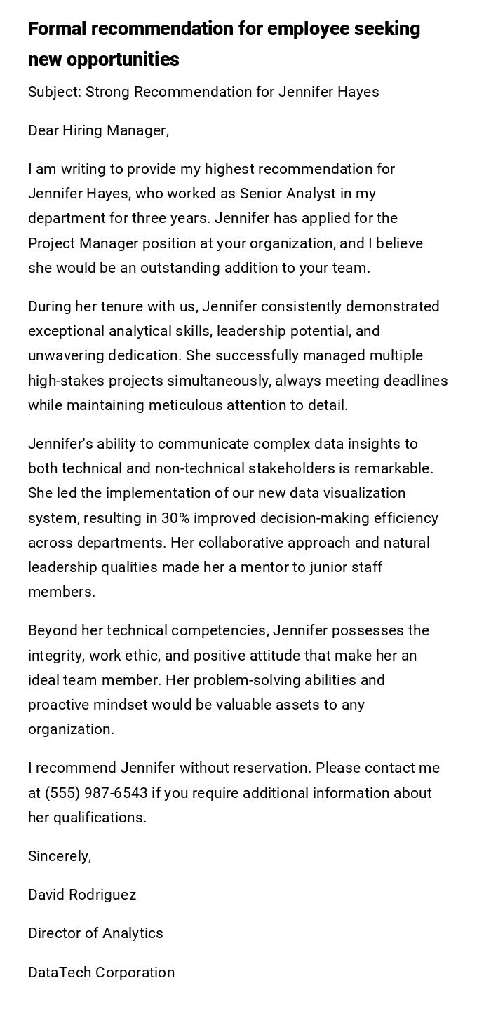 Formal recommendation for employee seeking new opportunities