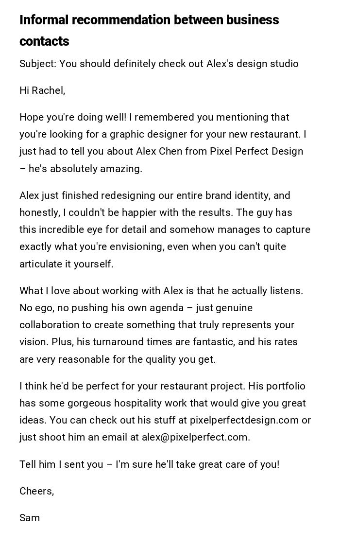 Informal recommendation between business contacts