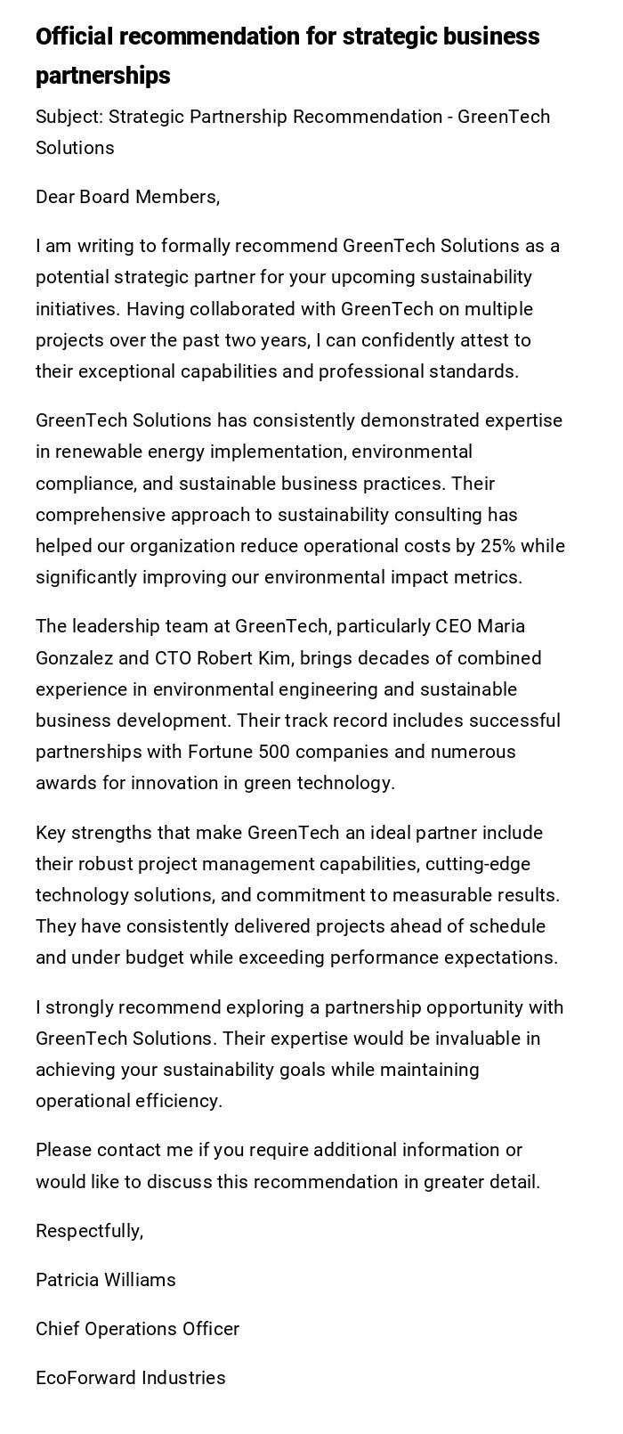 Official recommendation for strategic business partnerships