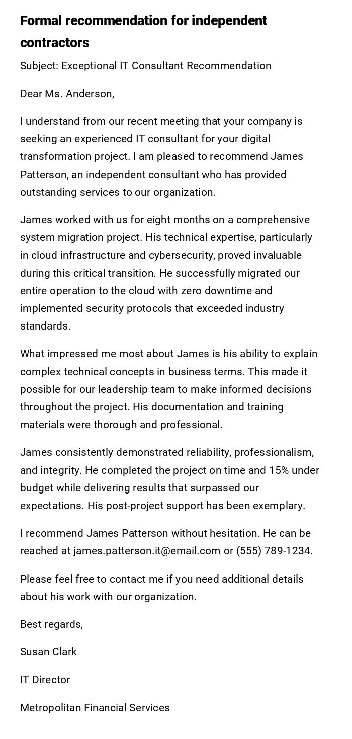 Formal recommendation for independent contractors