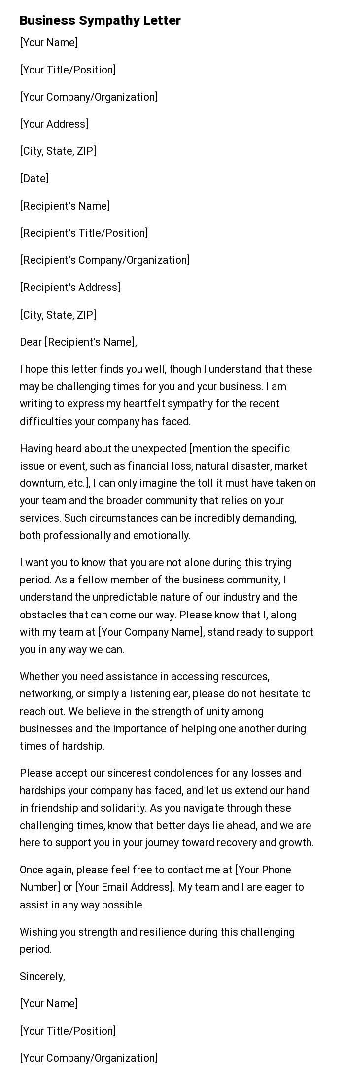 Business Sympathy Letter
