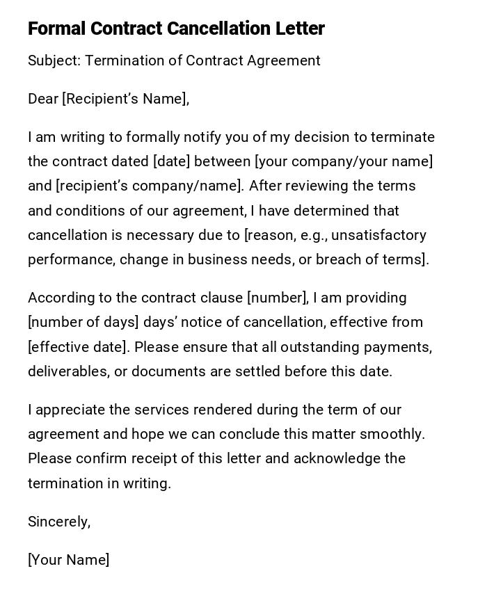 Formal Contract Cancellation Letter