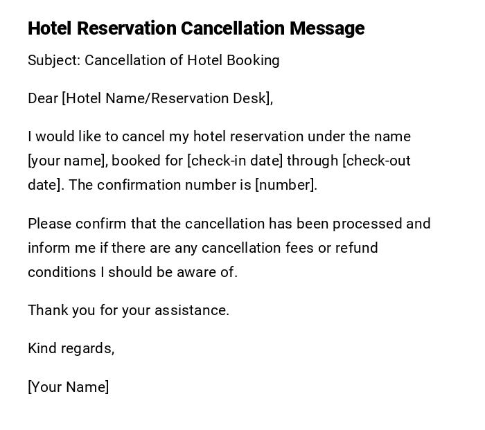 Hotel Reservation Cancellation Message