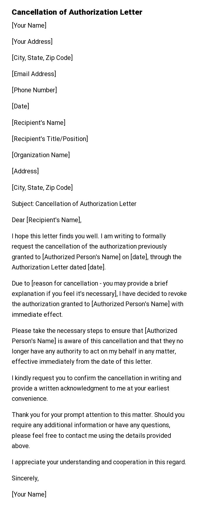 Cancellation of Authorization Letter