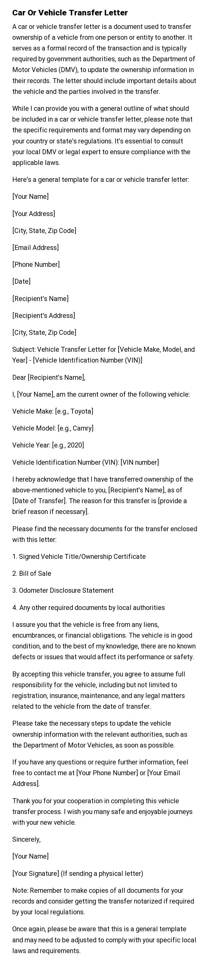 Car Or Vehicle Transfer Letter
