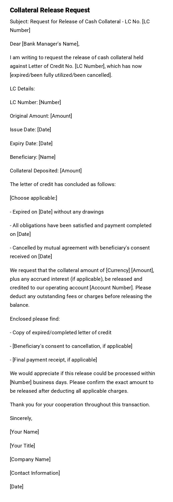 Collateral Release Request Collateral Release Request