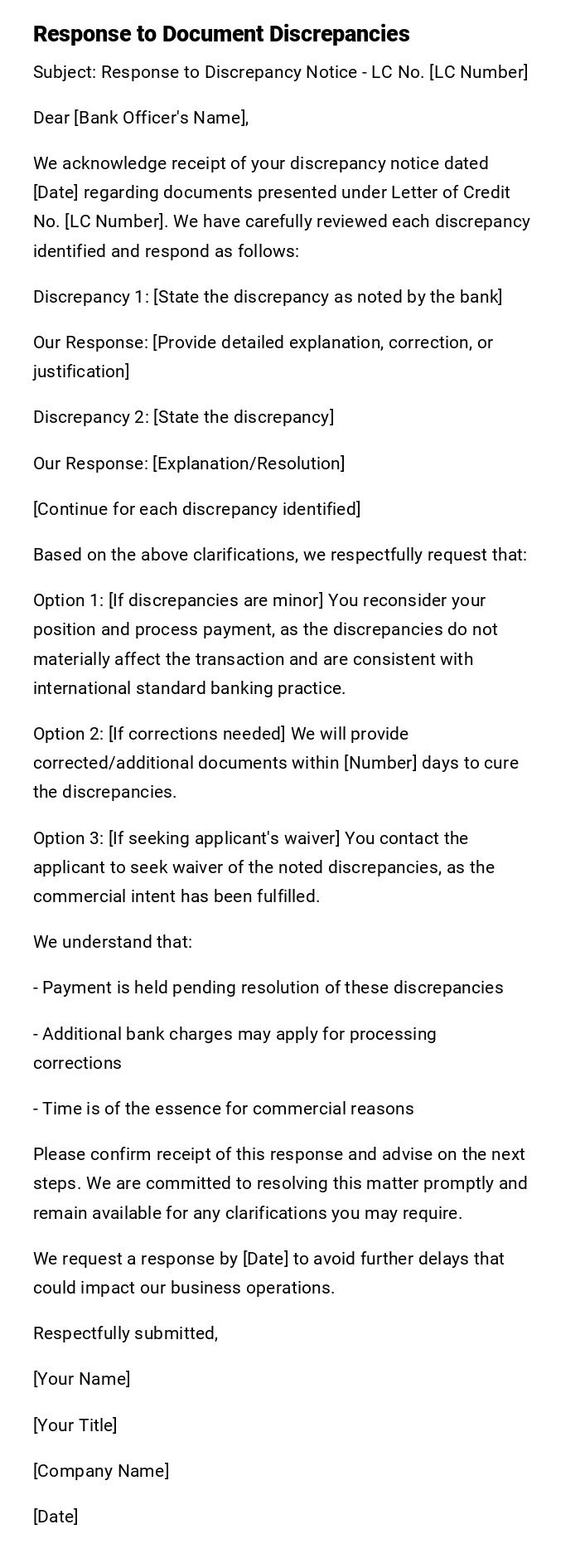 Response to Document Discrepancies Response to Document Discrepancies