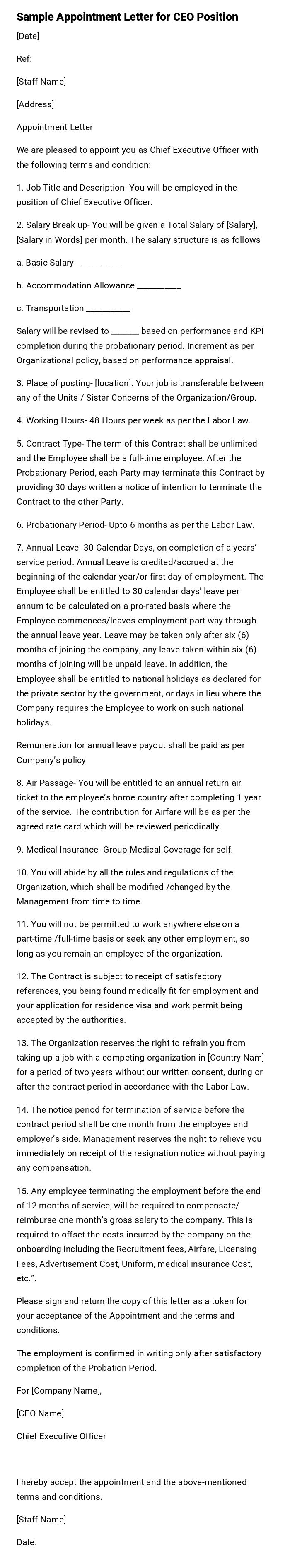 Sample Appointment Letter for CEO Position