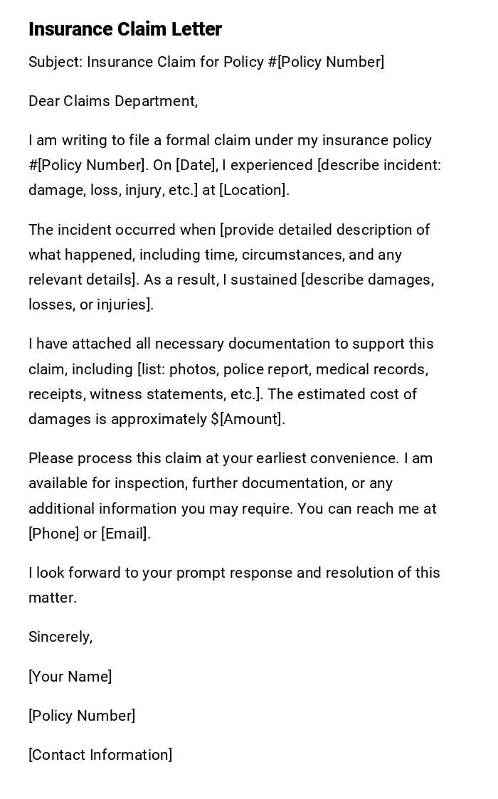 Insurance Claim Letter Insurance Claim Letter