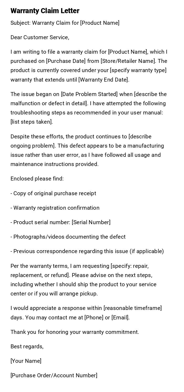 Warranty Claim Letter Warranty Claim Letter