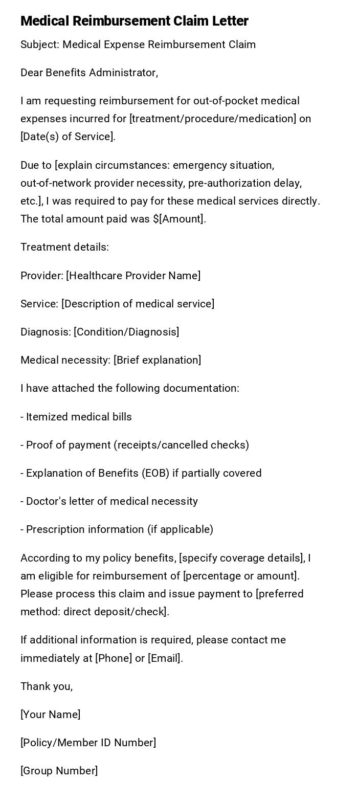 Medical Reimbursement Claim Letter Medical Reimbursement Claim Letter