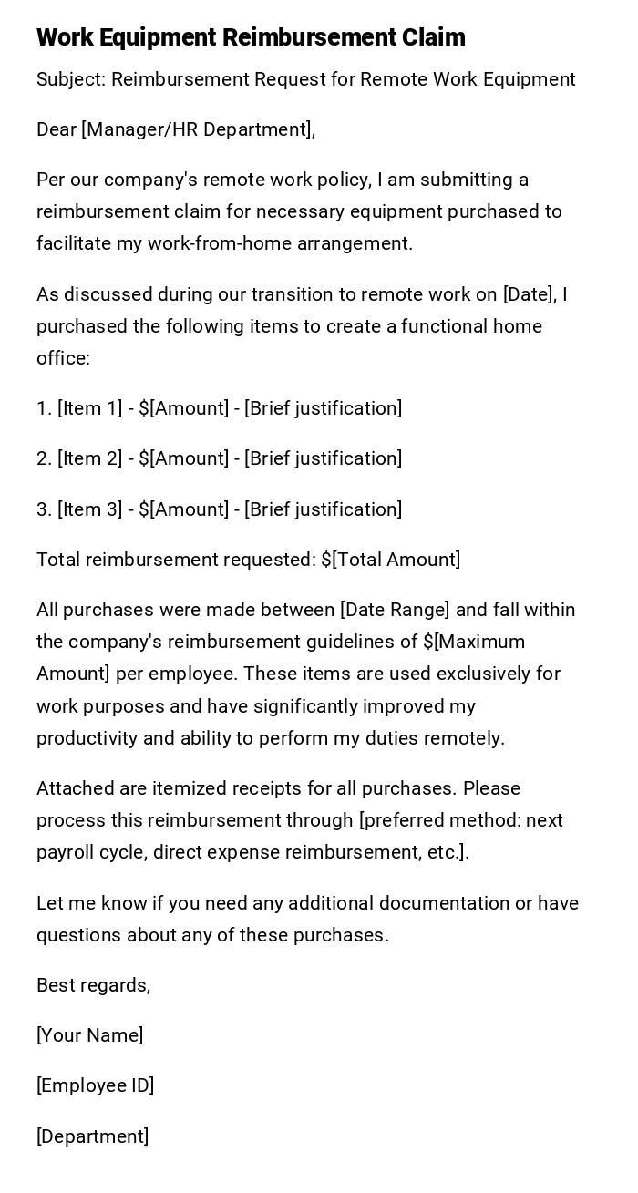 Work Equipment Reimbursement Claim Work Equipment Reimbursement Claim