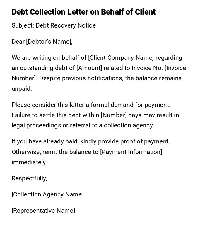 Debt Collection Letter on Behalf of Client Debt Collection Letter on Behalf of Client