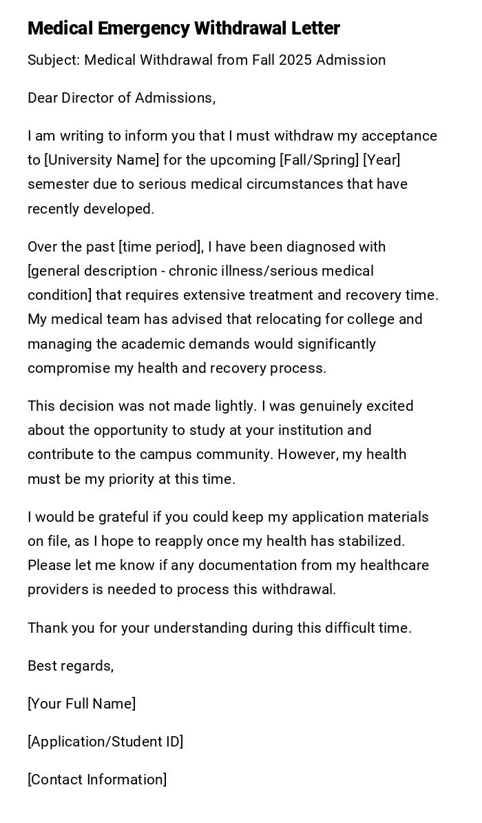 Medical Emergency Withdrawal Letter Medical Emergency Withdrawal Letter
