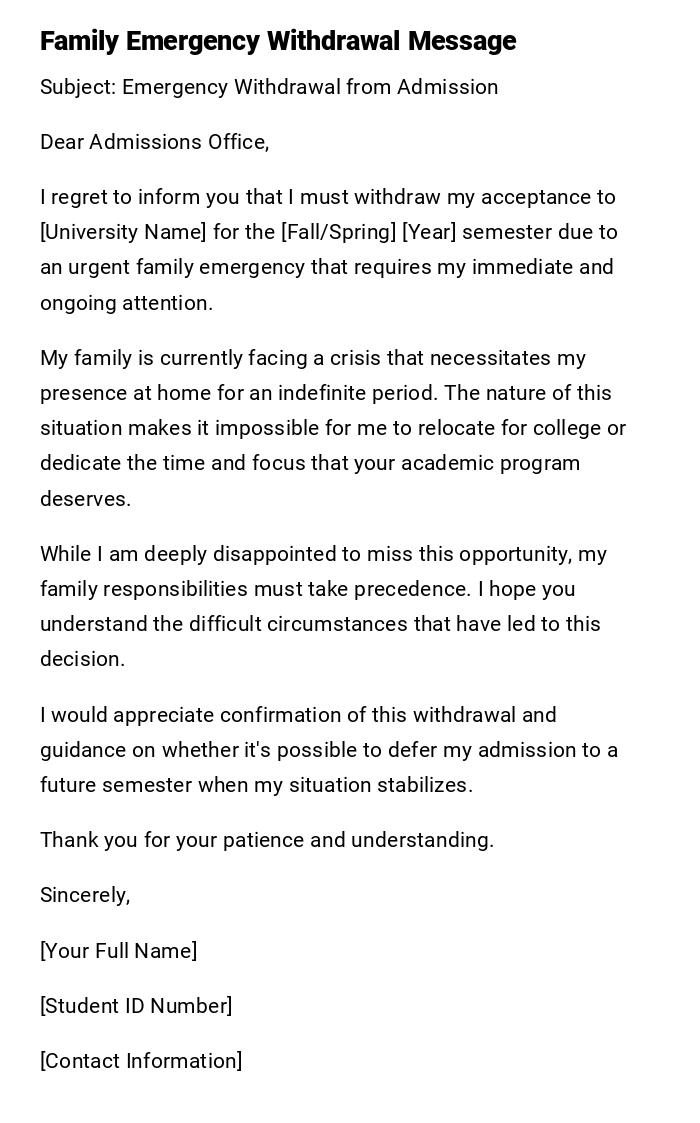 Family Emergency Withdrawal Message Family Emergency Withdrawal Message