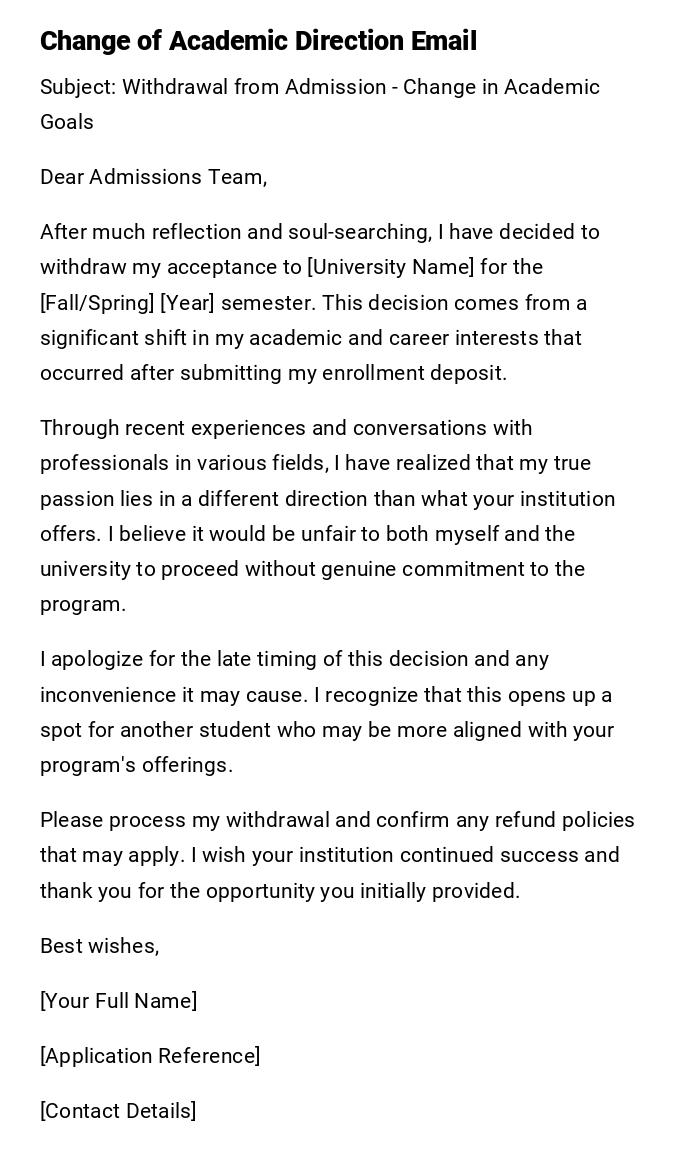 Change of Academic Direction Email Change of Academic Direction Email