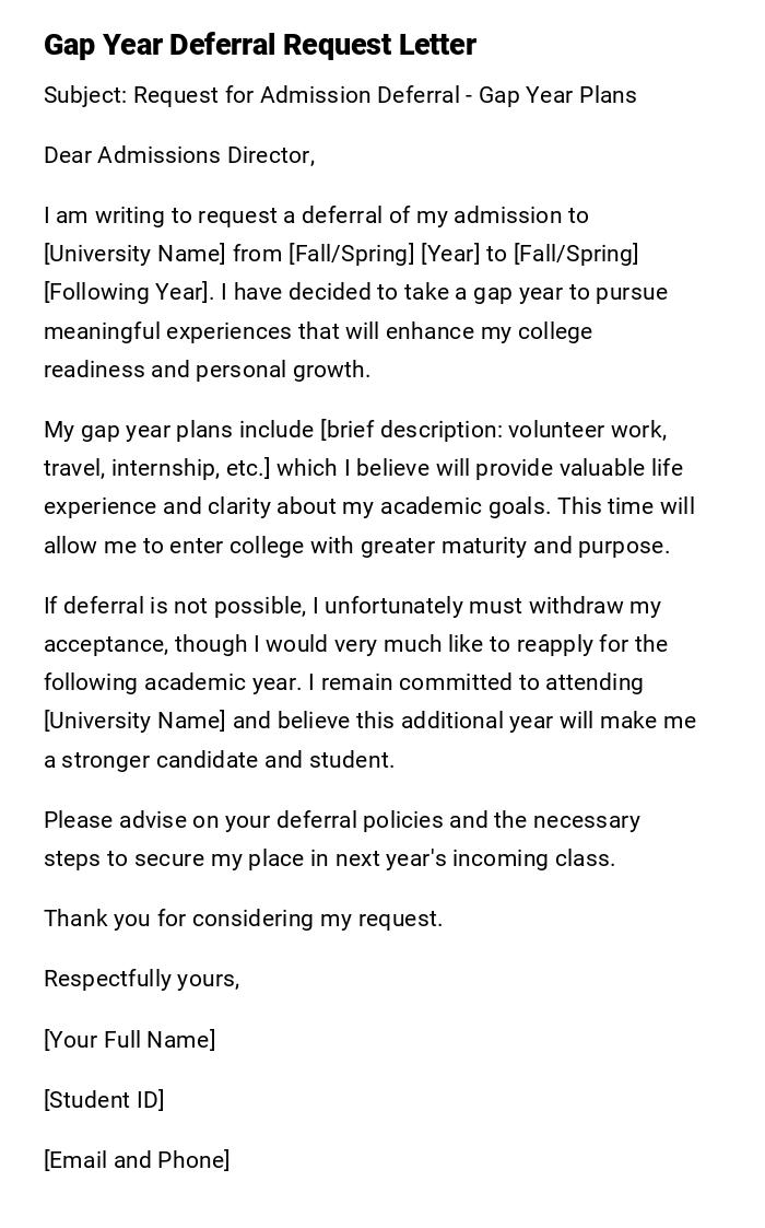 Gap Year Deferral Request Letter Gap Year Deferral Request Letter