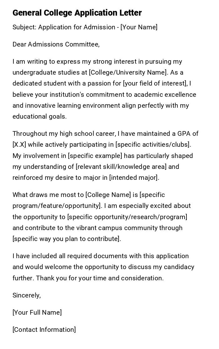 General College Application Letter General College Application Letter
