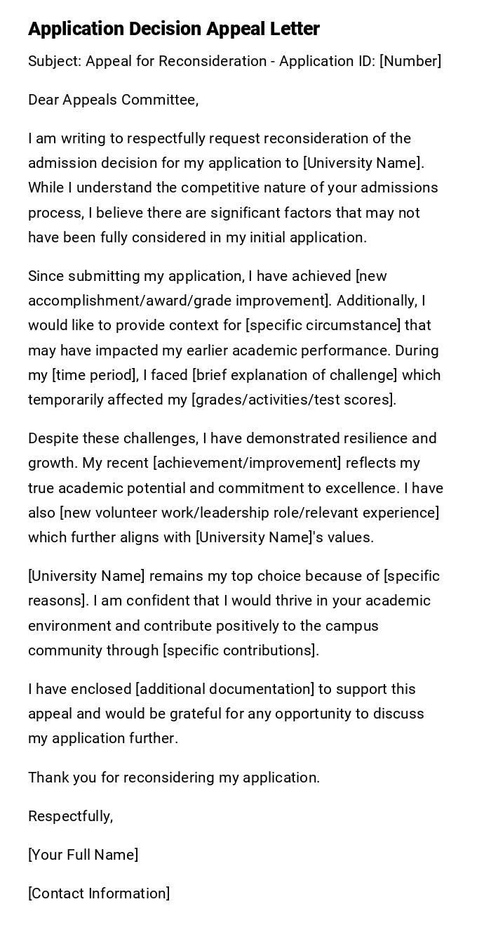 Application Decision Appeal Letter Application Decision Appeal Letter
