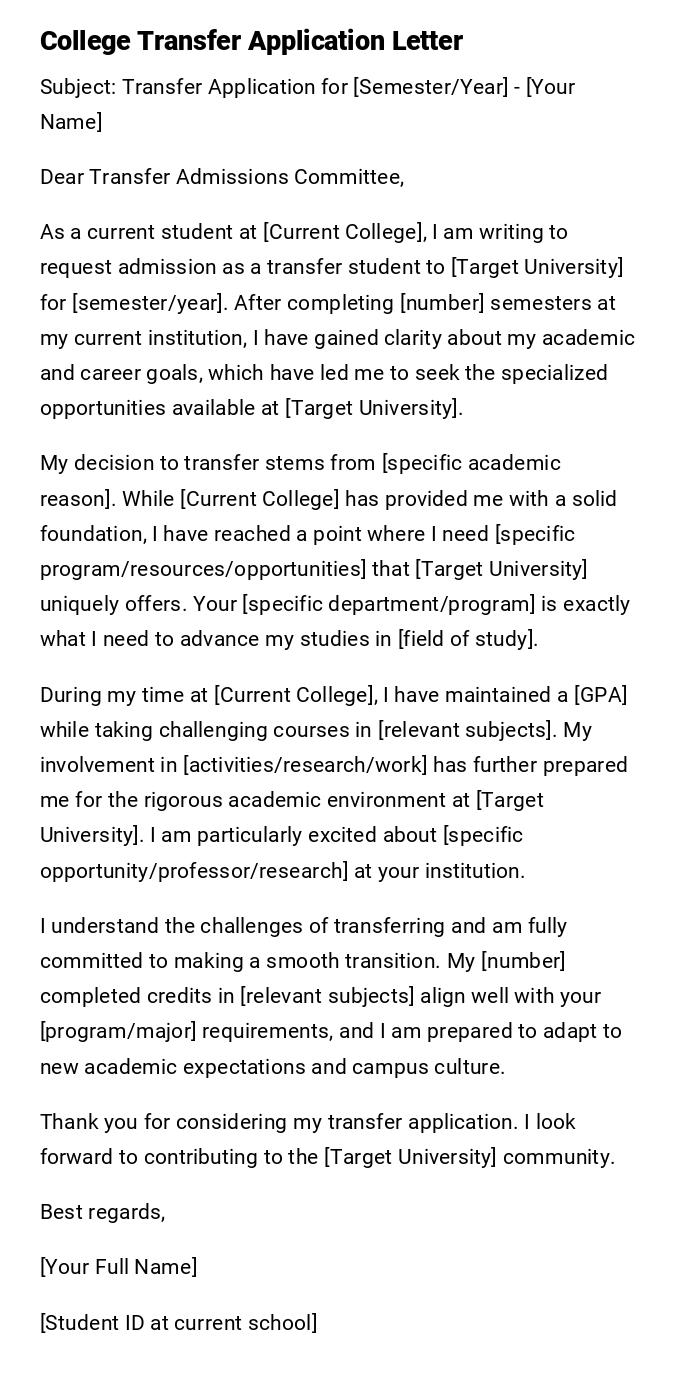 College Transfer Application Letter College Transfer Application Letter