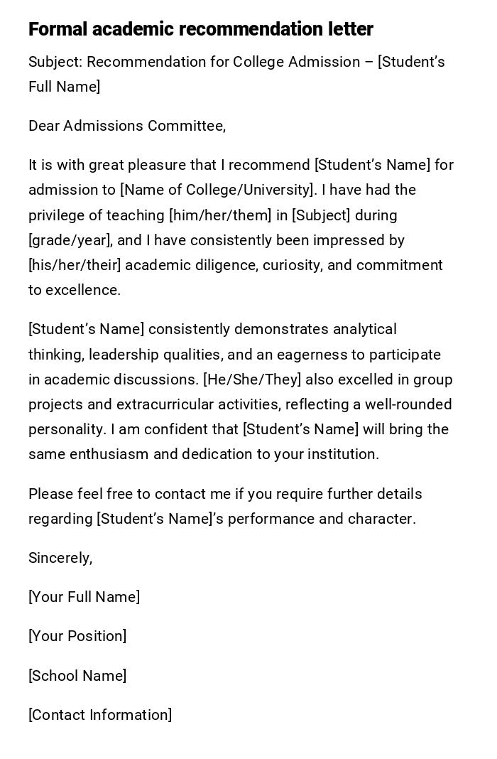 Formal academic recommendation letter Formal academic recommendation letter