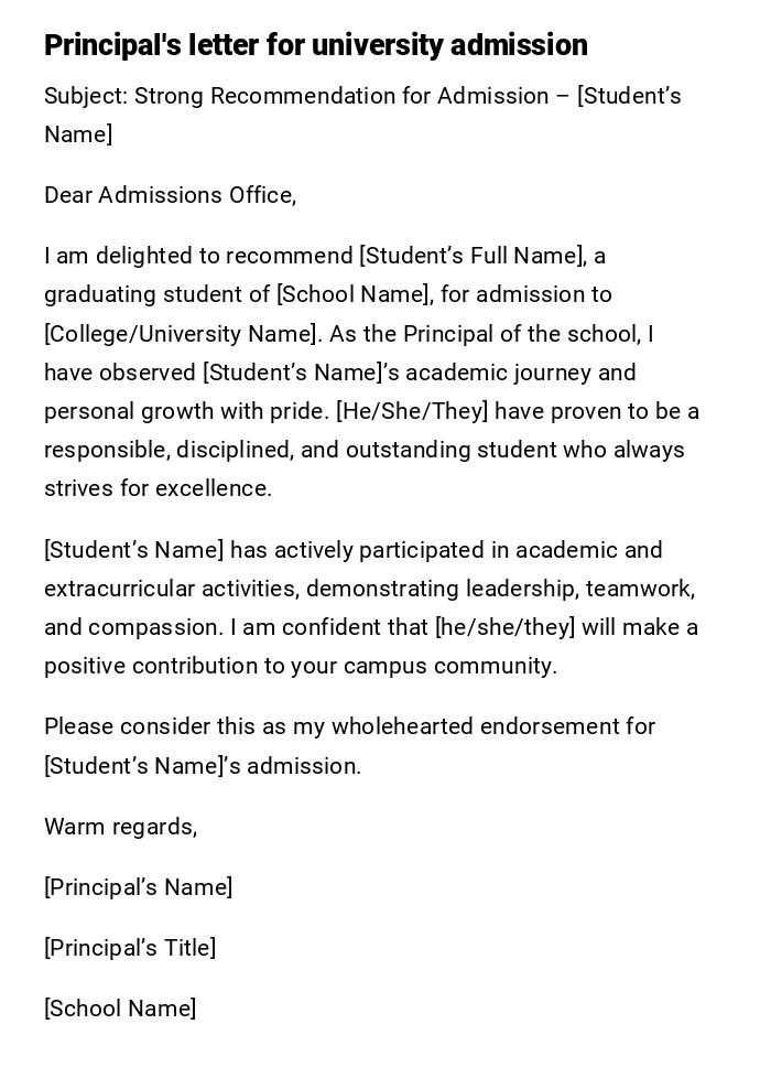 Principal's letter for university admission Principal's letter for university admission