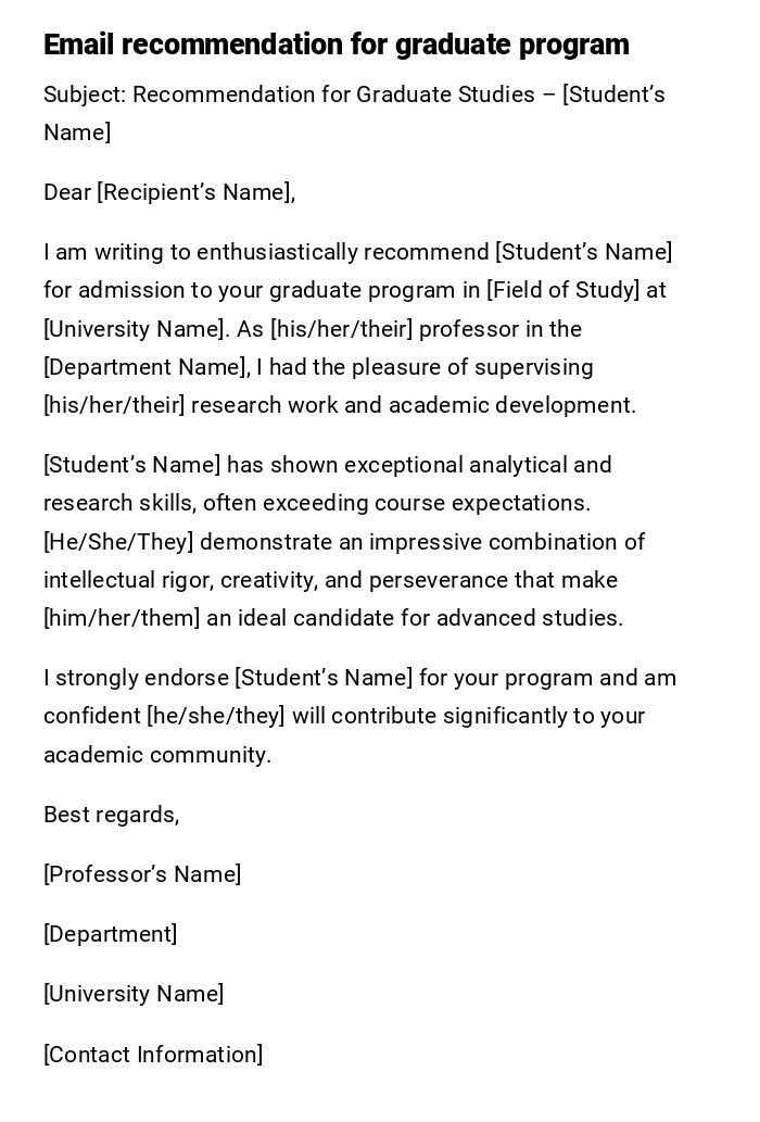 Email recommendation for graduate program Email recommendation for graduate program