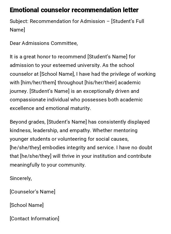 Emotional counselor recommendation letter Emotional counselor recommendation letter