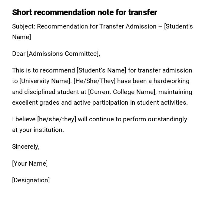 Short recommendation note for transfer Short recommendation note for transfer