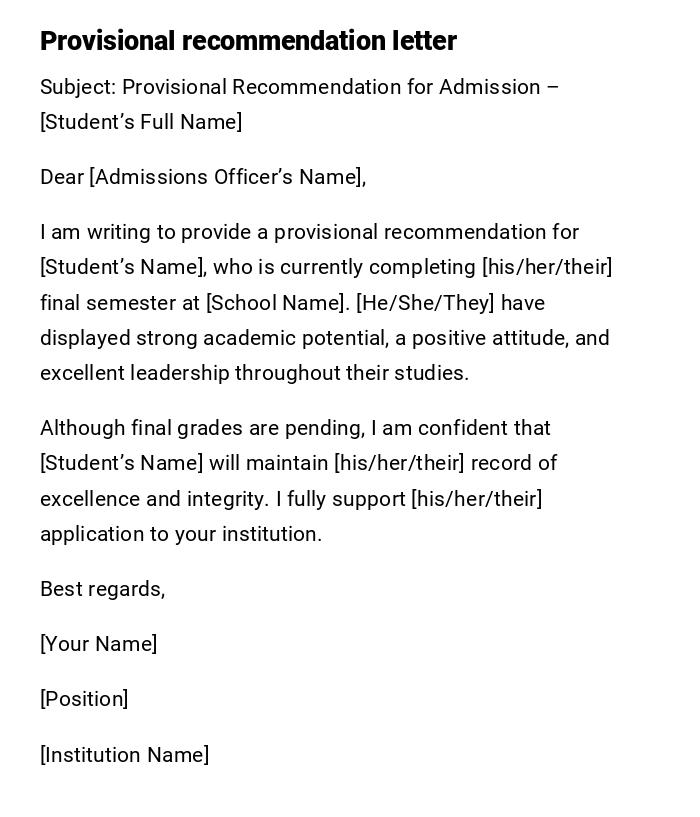 Provisional recommendation letter Provisional recommendation letter