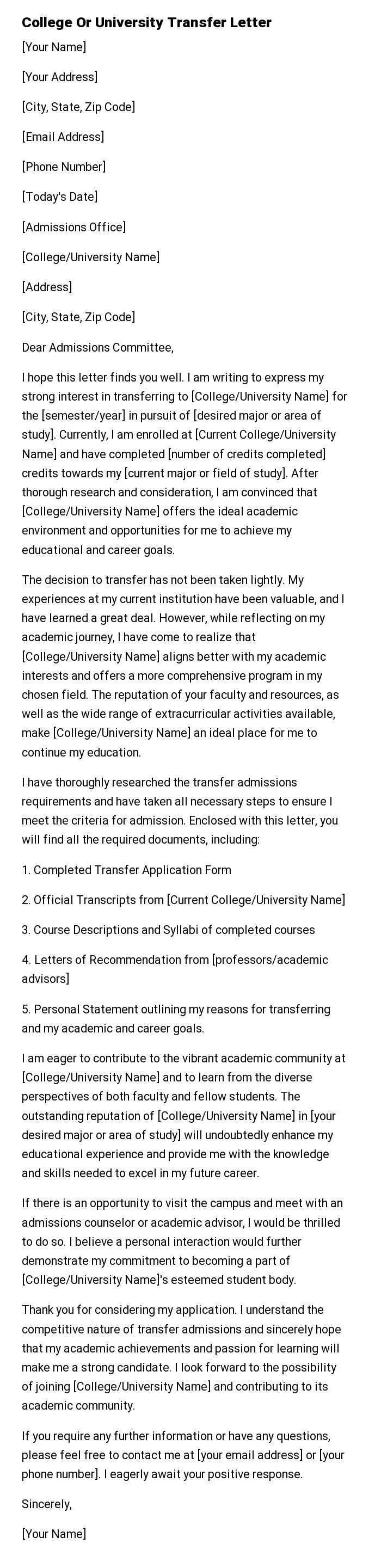 College Or University Transfer Letter