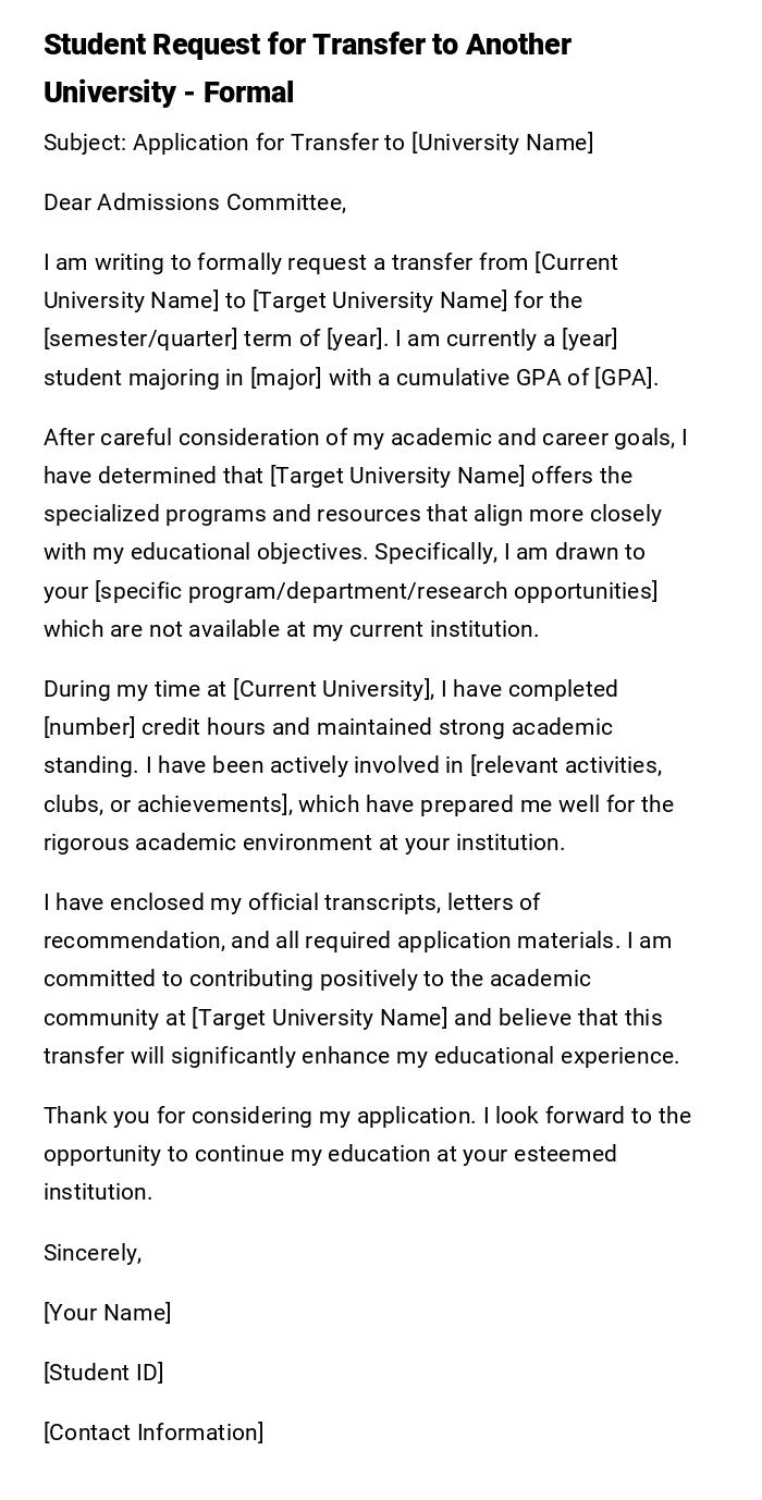 Student Request for Transfer to Another University - Formal Student Request for Transfer to Another University - Formal