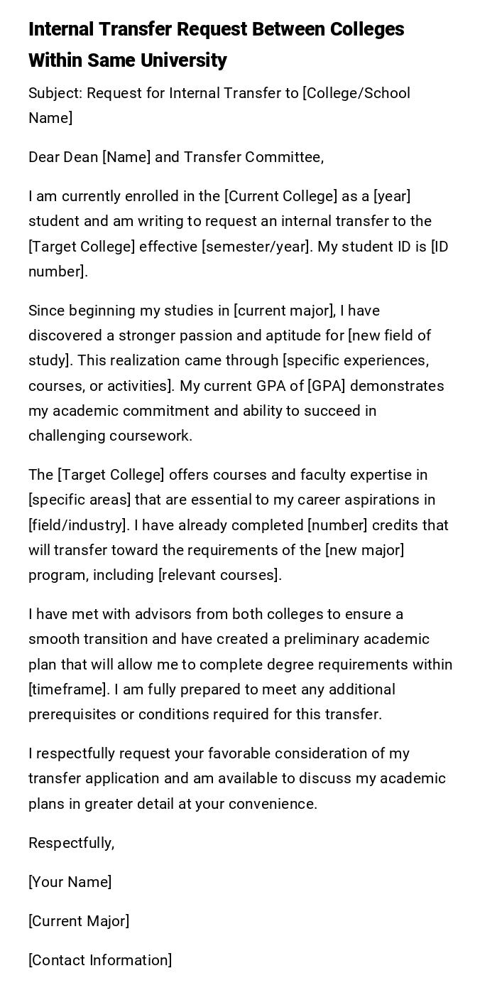 Internal Transfer Request Between Colleges Within Same University Internal Transfer Request Between Colleges Within Same University
