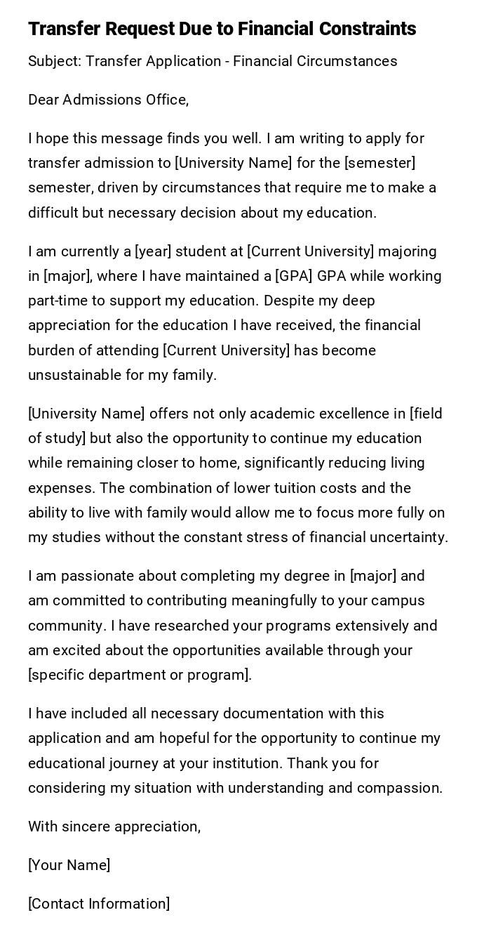 Transfer Request Due to Financial Constraints Transfer Request Due to Financial Constraints